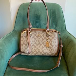 Coach brown & tan Etta Signature and Leather Carryall Shoulder Crossbody Handbag